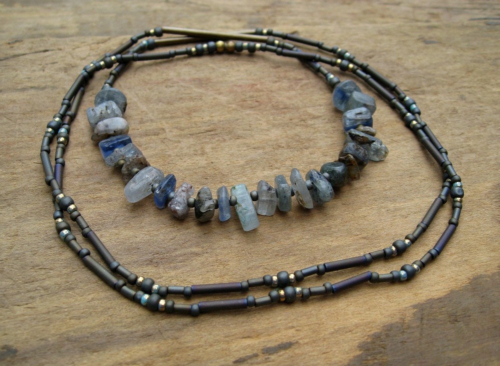 Long Boho Kyanite Necklace, long tribal blue kyanite chip and gray seed bead necklace with rustic earthy blue kyanite chips