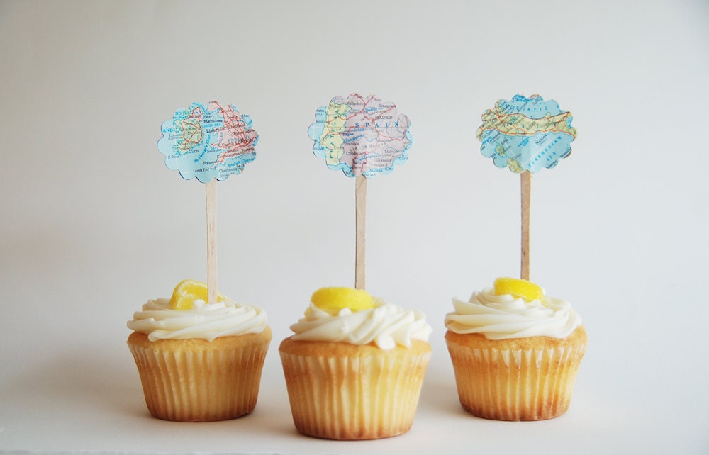 Upcycled Map Cupcake Toppers - Custom Locations / Colors Available - Set of 12