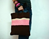 Brown Neon Pink Crochet Tote Bag Leather Handles
