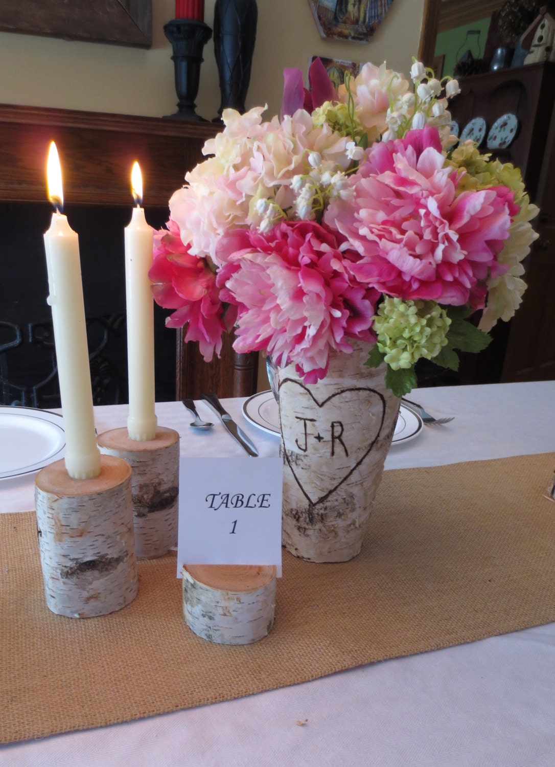 Personalized Birch Vase Candles and Table Number Holder Wedding Garden Party Bridal Shower Rustic Cottage Chic