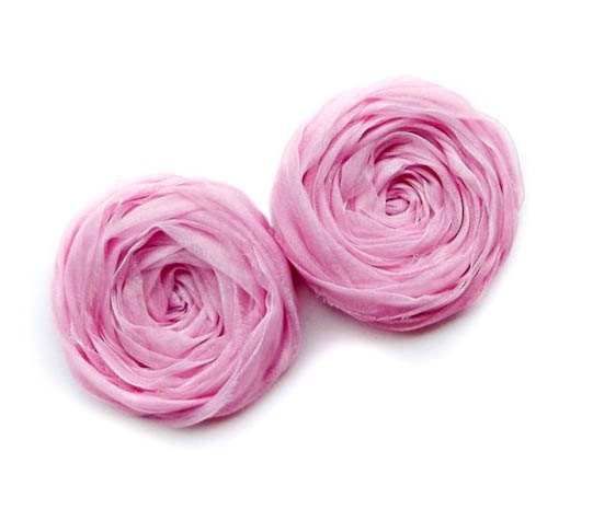 Pink Fabric Roses Handmade Appliques Embellishment Set of 2