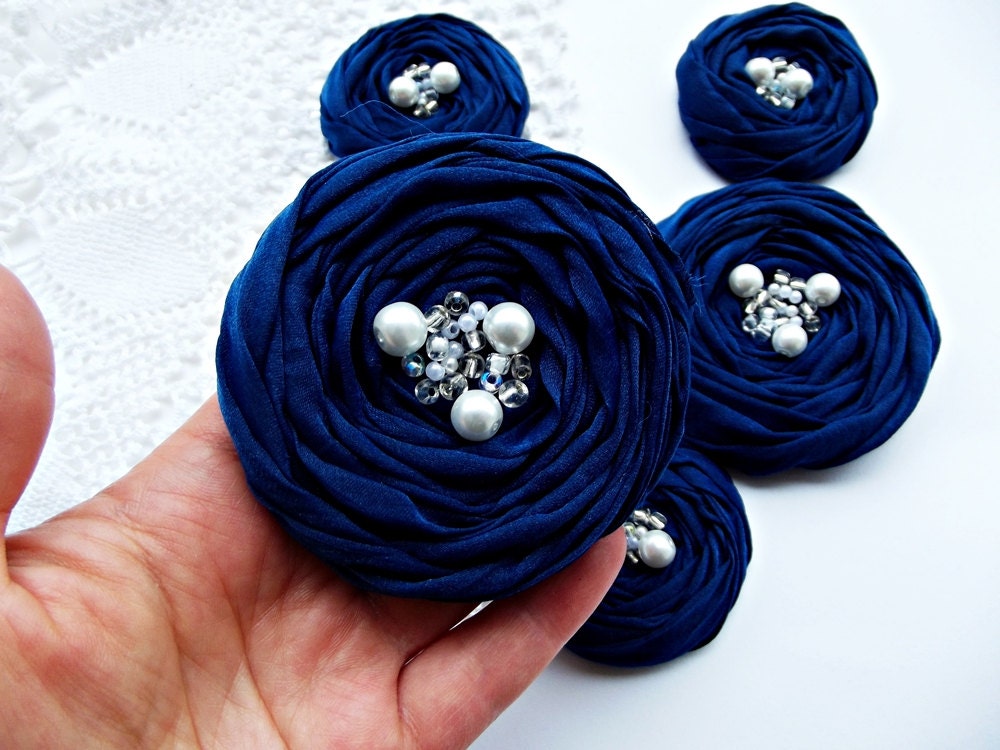 Navy Fabric Roses Handmade Appliques Embellishment 5 pcs
