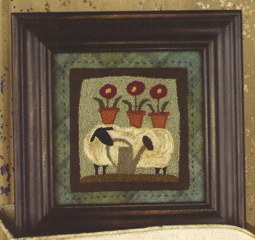 Primitive Folk Art Punchneedle Pattern:  WOOLY GARDENER - Screen Printed Khaki Colored Weavers Cloth Included