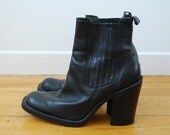 Black Leather Chelsea Ankle Boots with Chunky Heel  7.5
