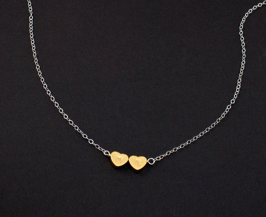 Gold Heart Charm Necklace, Two Gold Hearts. Custom Initial. Monogrammed Initial Necklace.Tiny Gold Heart Jewelry, Couple's Initials