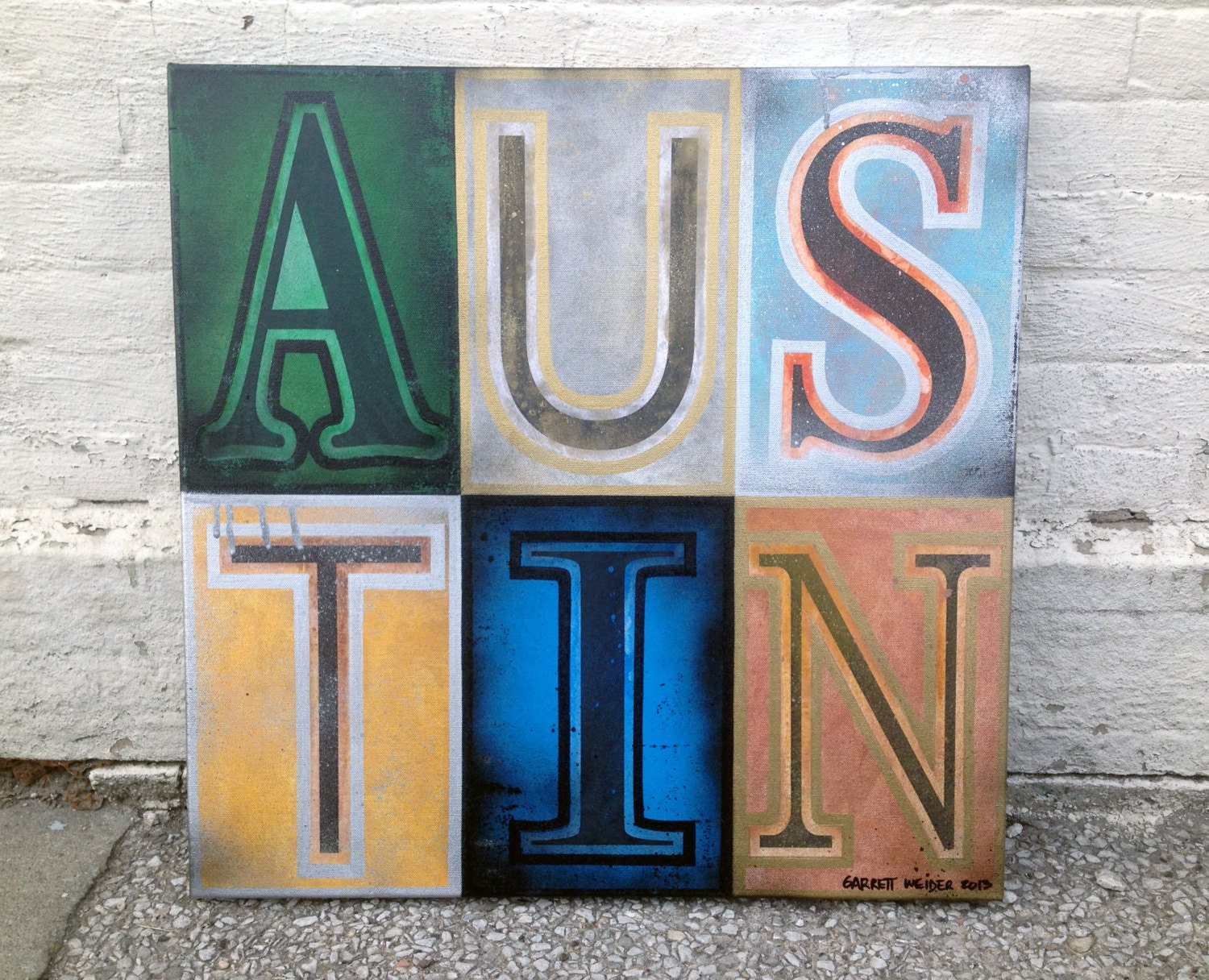 Austin No. 01 Large Mixed Media Lettering Painting on Canvas 24 x 24