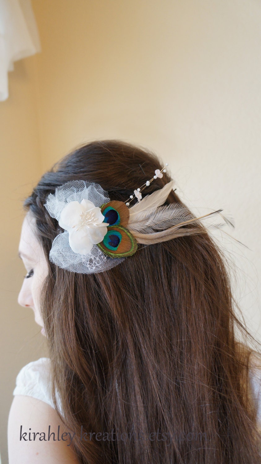 ELANAH -- Bridal Wedding Peacock and Emu Feather Fascinator Headpiece w/ Flower, Pearl Spray, Birdcage Veiling and Tulle -- Ship Ready