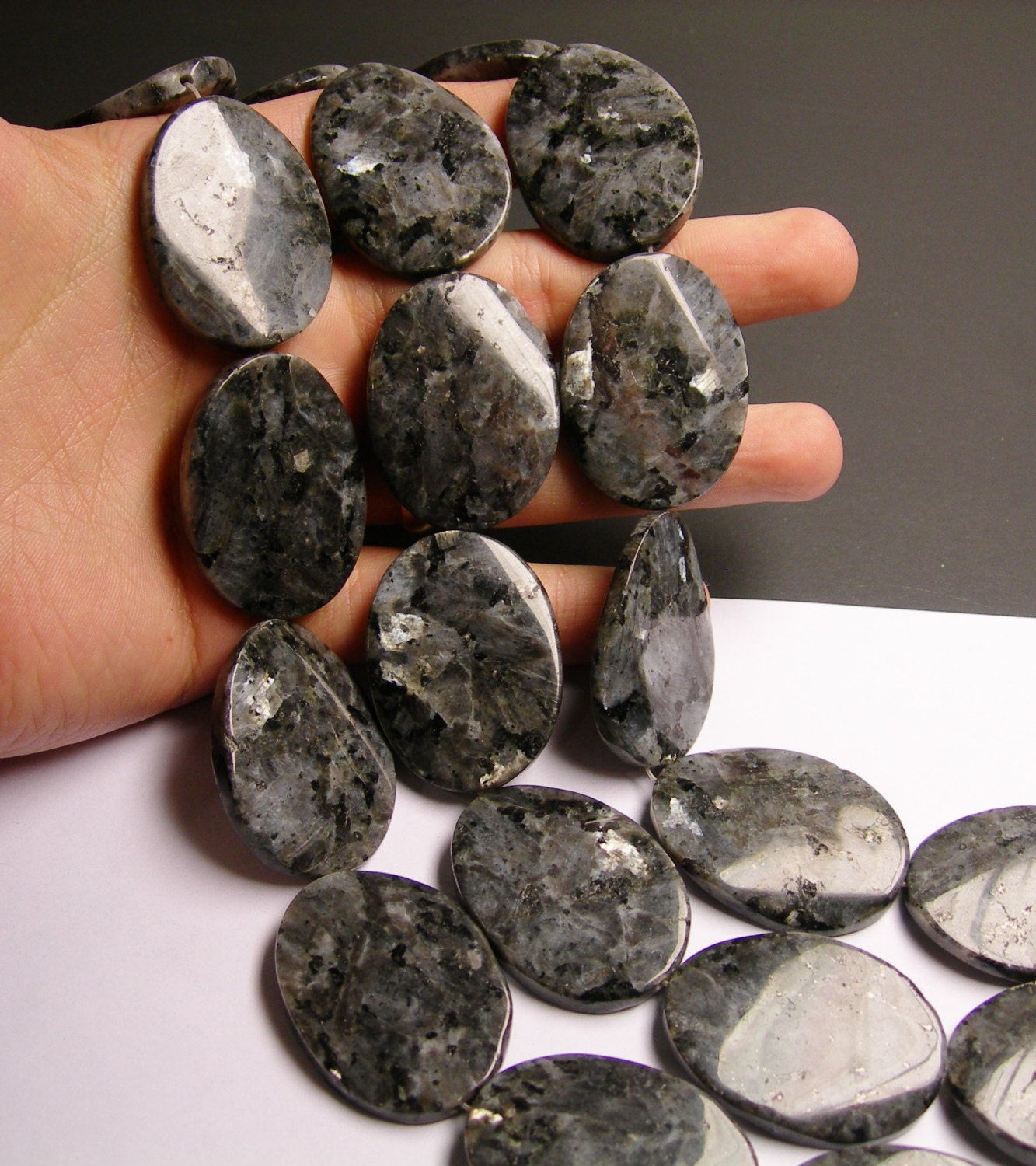 Larvikite - black labradorite - 40mm by 30mm beads - 4 pcs -  A quality