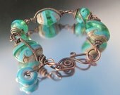 Handmade Lampwork Glass  Bracelet Copper, Blue Green - Sea Green