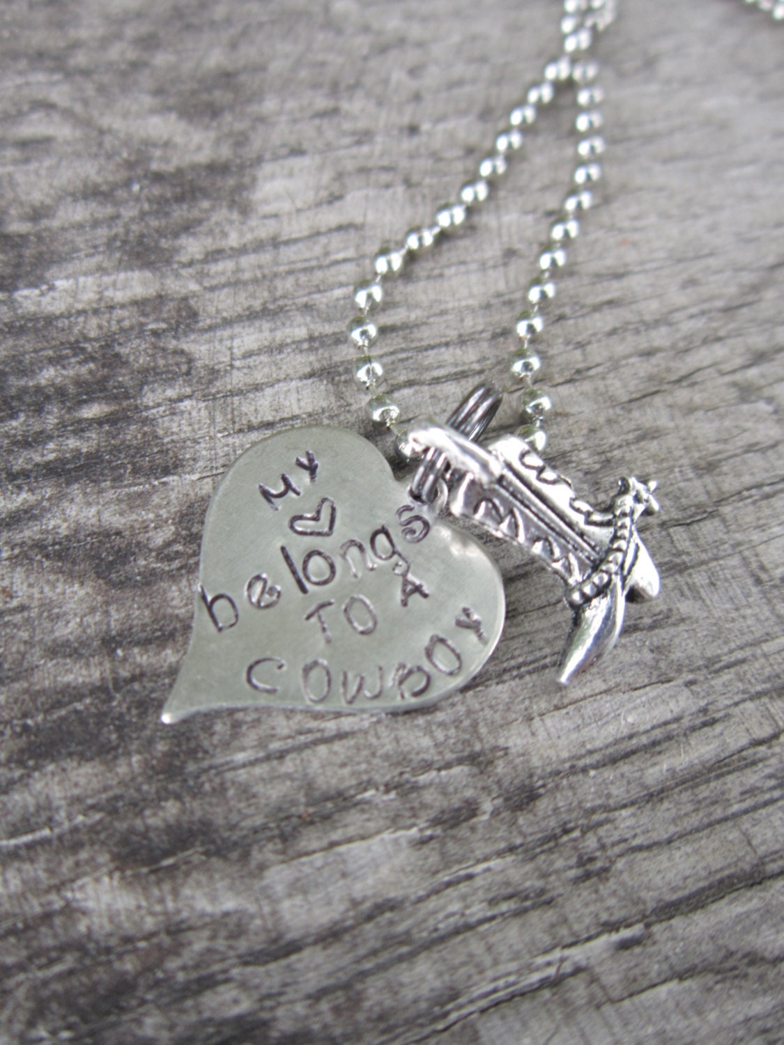 My Heart Belongs to a Cowboy/Cowgirl Hand Stamped Necklace on heart with Cowboy Boot Charm