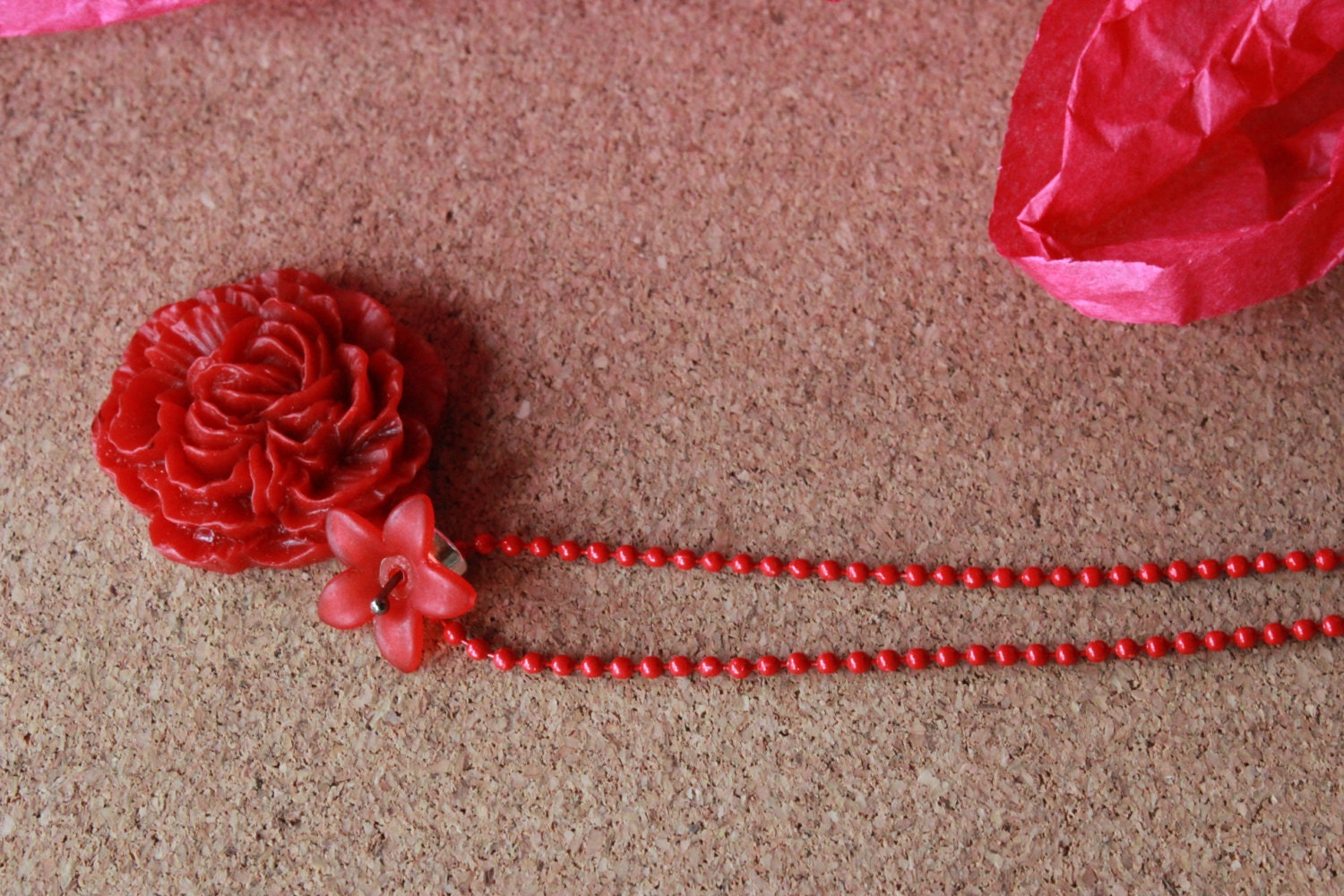 Matte Red Resin Pendant Necklace with Glass Flower Bead on a Red Ball Chain