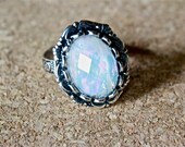 Adjustable Silver Ring with White & Purple Faceted Acrylic Cabochon