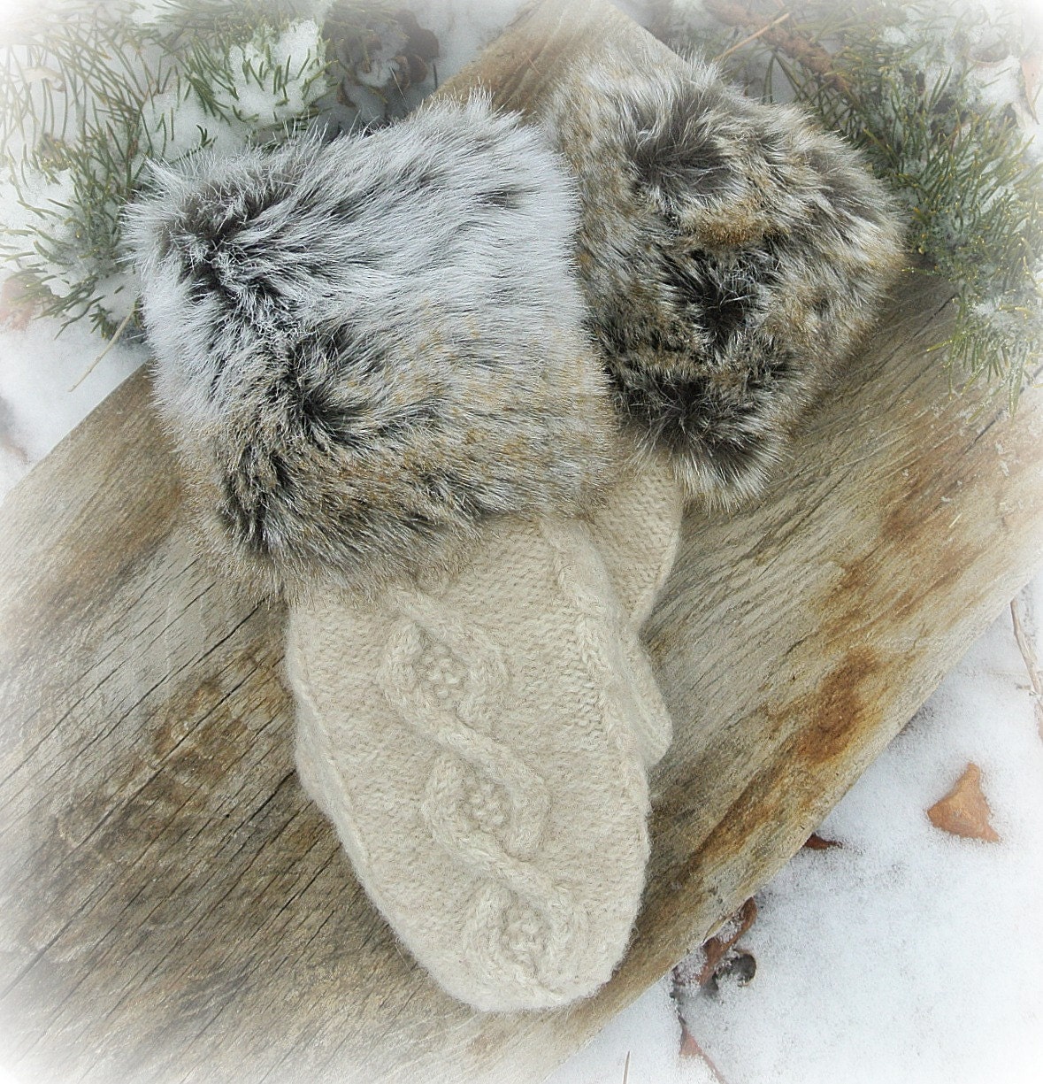 FUR CUFFED 100% WOOL Women's Recycled Sweater Mittens - Light Tan Cable Knit