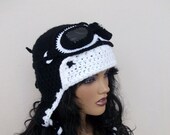 Black and white Crochet Aviator Hat Set with Goggles - Photo Prop - adult size