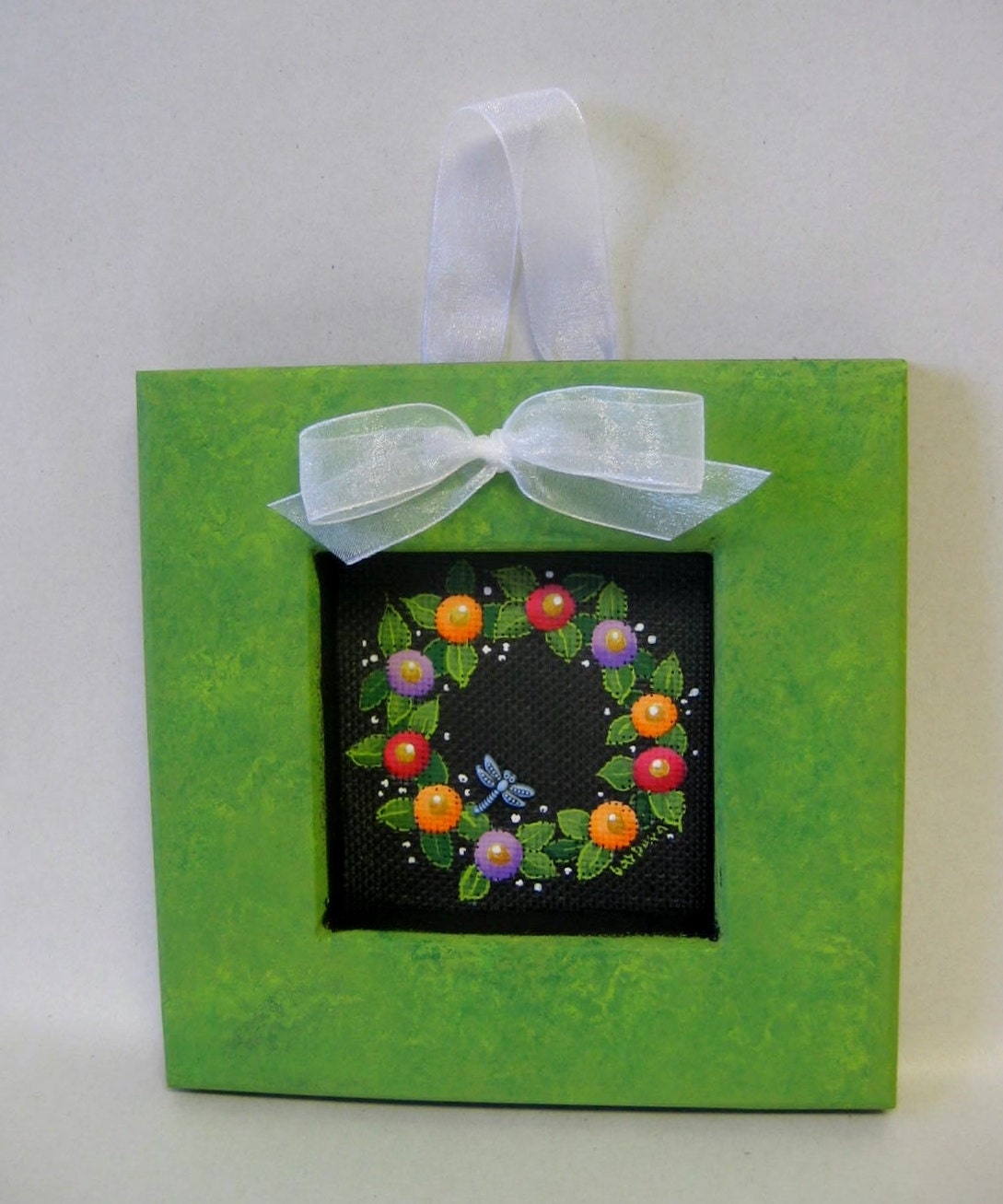 Spring Time Flower Wreath, Tole Painted, Framed in Greens, White Ribbon Bow