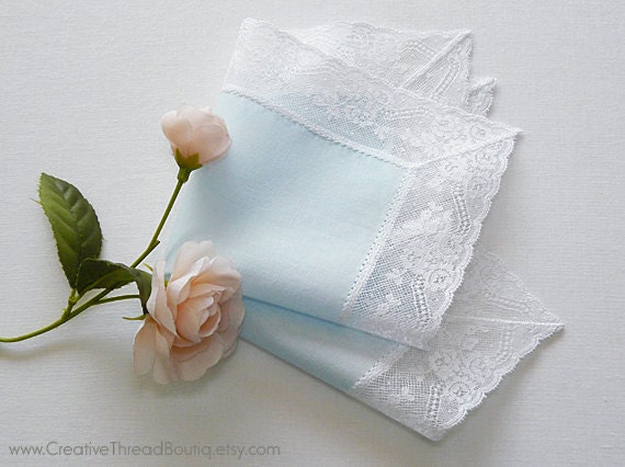 Pastel Blue Wedding Handkerchief with White French Lace - Heirloom Bridal Hankie - Something Blue - Romantic - Delicate - Elegant