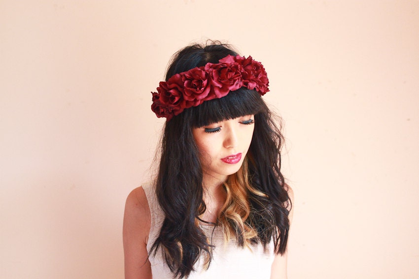 burgundy wine rose crown -maroon floral statement headpiece, santa monica, festival crown, oversize rose.