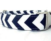 Navy Blue Dog Collar with Nickel Plate Hardware - Nautical Navy Chevron