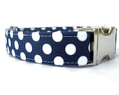 Polka Dot Dog Collar - White Dots on Navy Blue with Nickel Hardware
