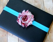 Beautiful Pink Turquoise and White Shabby Flower on Turquoise Foe - Sz. Small - Shabby Chic Headband