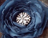 Wedding Hair Flower, Stormy Blue Chiffon Rhinestone Hair Flower, Bridal Accessory, Made To Order