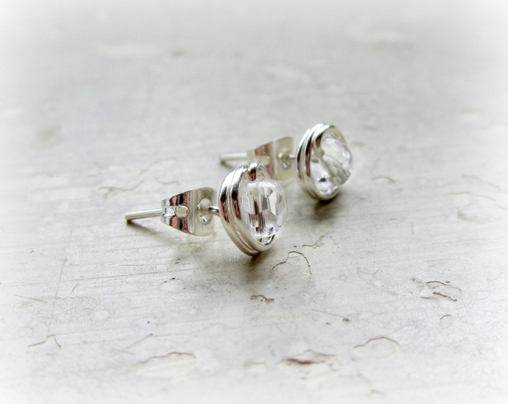 Faceted Crystal Quartz Stud Earrings // Sterling Wire Wrapped Posts