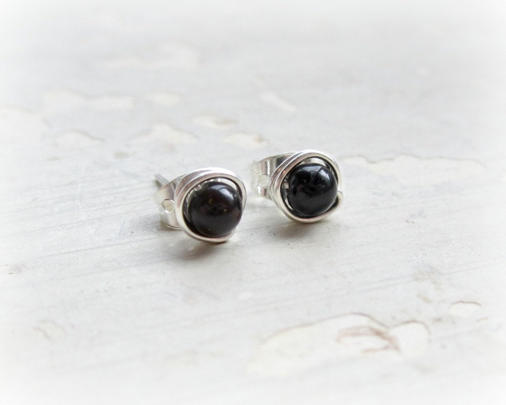 Little Black Onyx Stud Earrings // Sterling Wire Wrapped Posts