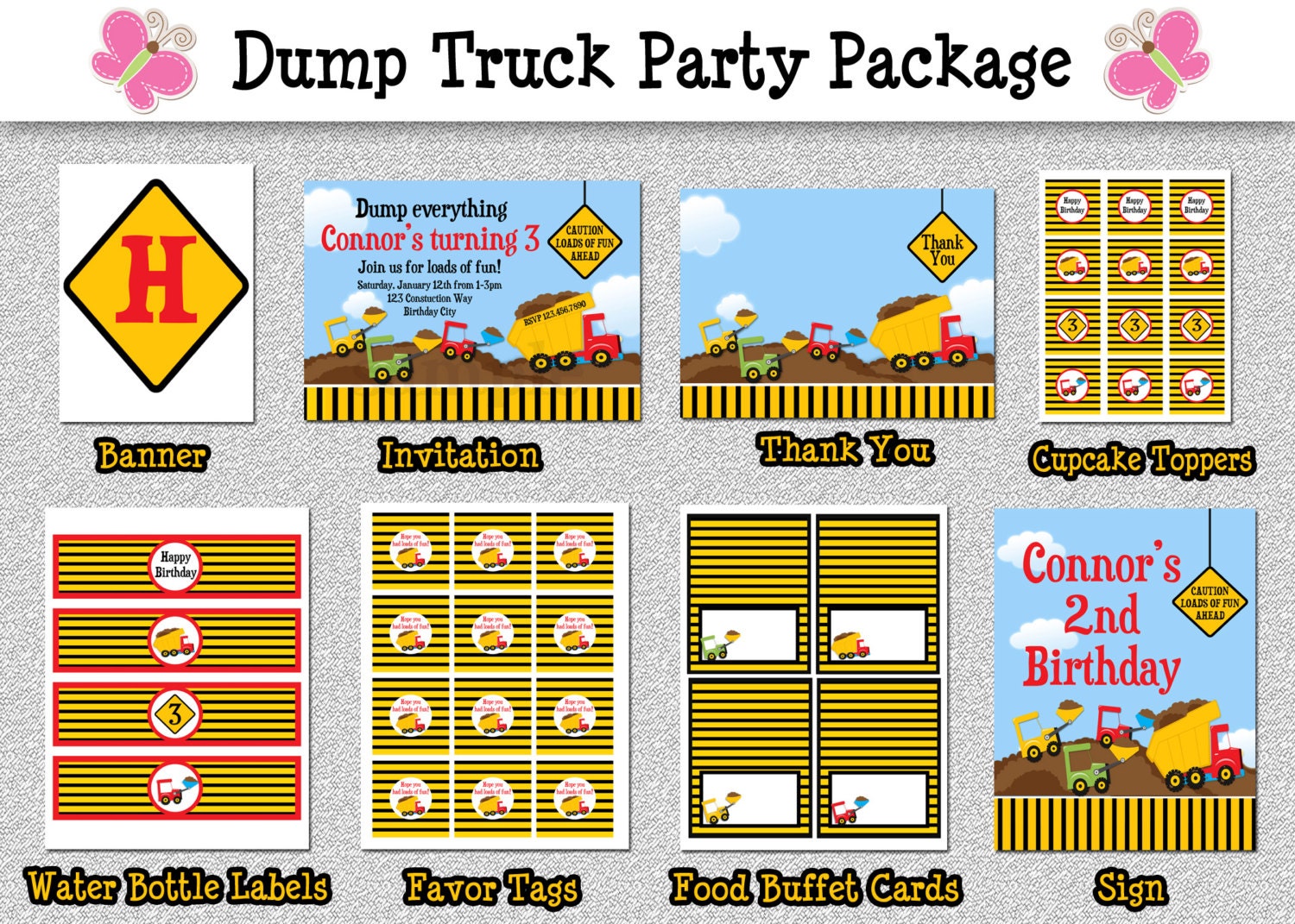 Dump Truck Construction Birthday Invitations , Birthday Party Package Printable by The Trendy Butterfly Il_570xn