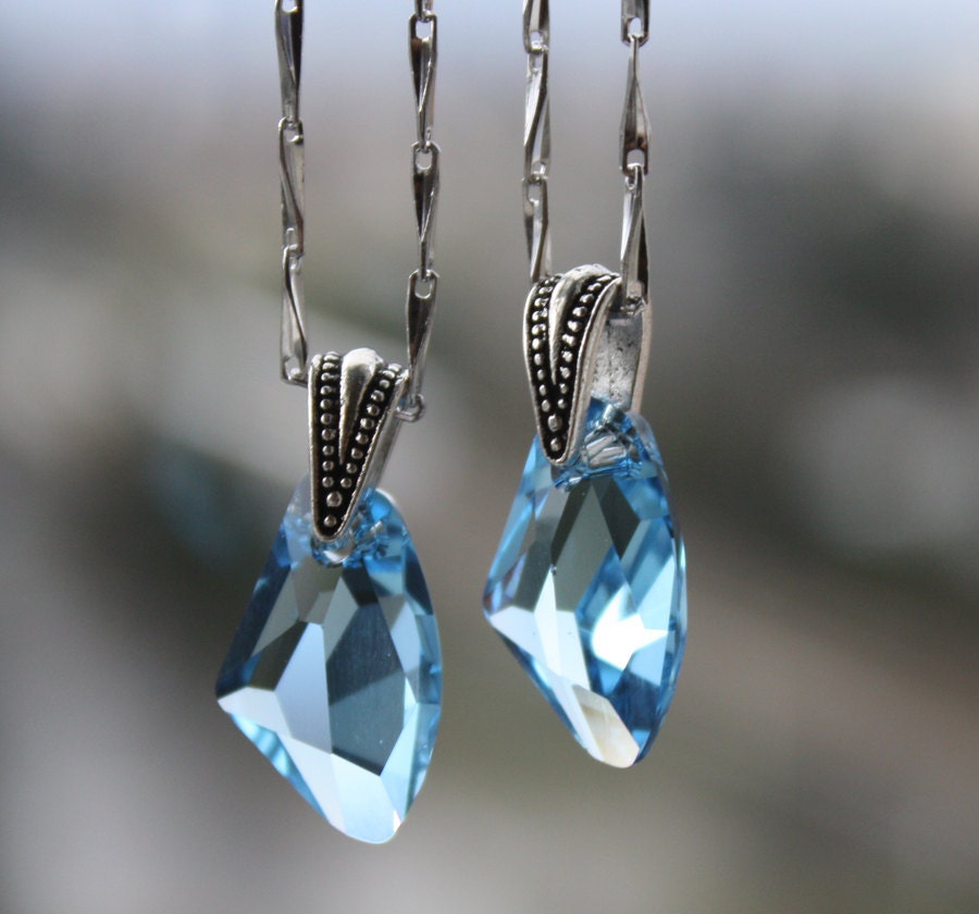 2 Bridesmaid's Necklaces Sterling Silver chain with Swarovski Crystal in Aquamarine Blue - more colors available