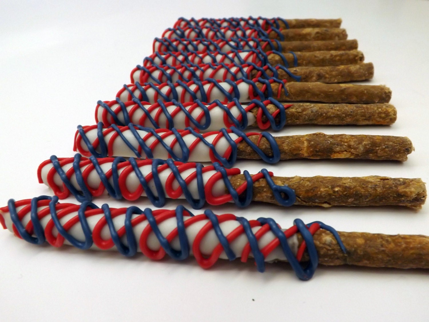 SALE Gourmet Decorated Multi Color Dog Treats Muddy Puppys Dipped and drizzled Munchie Sticks Yogurt Red White and Blue Set of 15