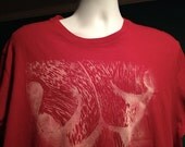 RED TShirt, Artistic NUDE design, White LINOLEUM block, Hand Printed XLarge