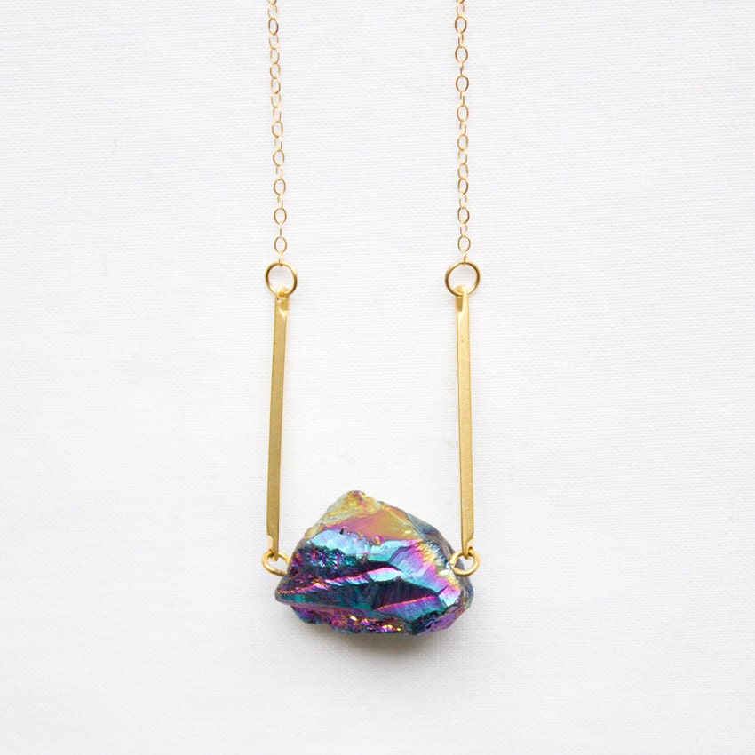 BERTHA // Rainbow Quartz Necklace - raw titanium crystal quartz nugget on a silver or gold filled chain - minimal geological jewellery
