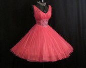 Vintage 1950's 50s Fuschia Hot Pink Beaded Ruched CHIFFON Organza Party Prom Wedding DRESS