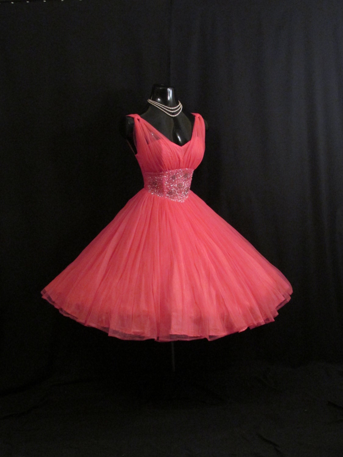 Vintage 1950's 50s Fuschia Hot Pink Beaded Ruched CHIFFON Organza Party Prom Wedding DRESS