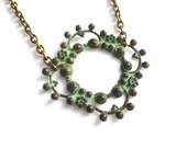 Quatrefoil Necklace - brass verdigris patina ornate weathered blue green rustic pendant - antique brass / bronze chain