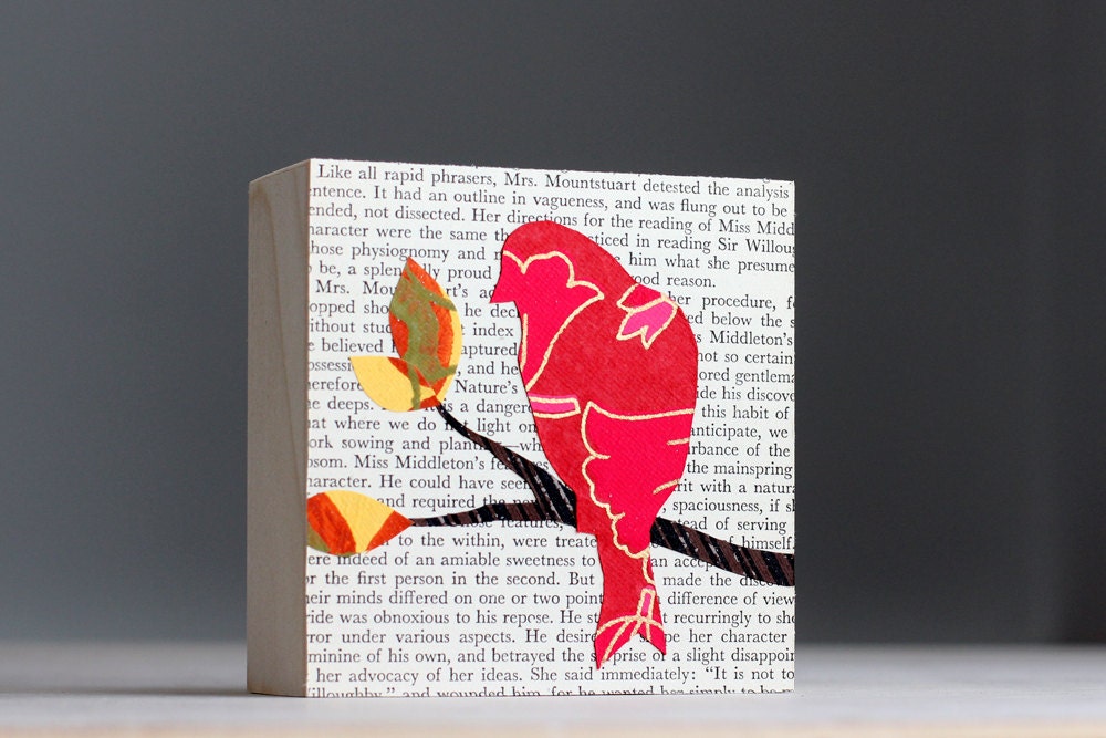 Fuchsia Bird With An Orange Leafy Branch Over a Vintage Book Page Background, Woodland Wall Art, 4"x4",  Bird on Branch Art, Ready to Hang