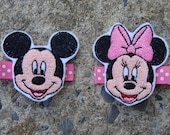 Embroidered  Minnie Mouse and Mickey Mouse Hair Clips