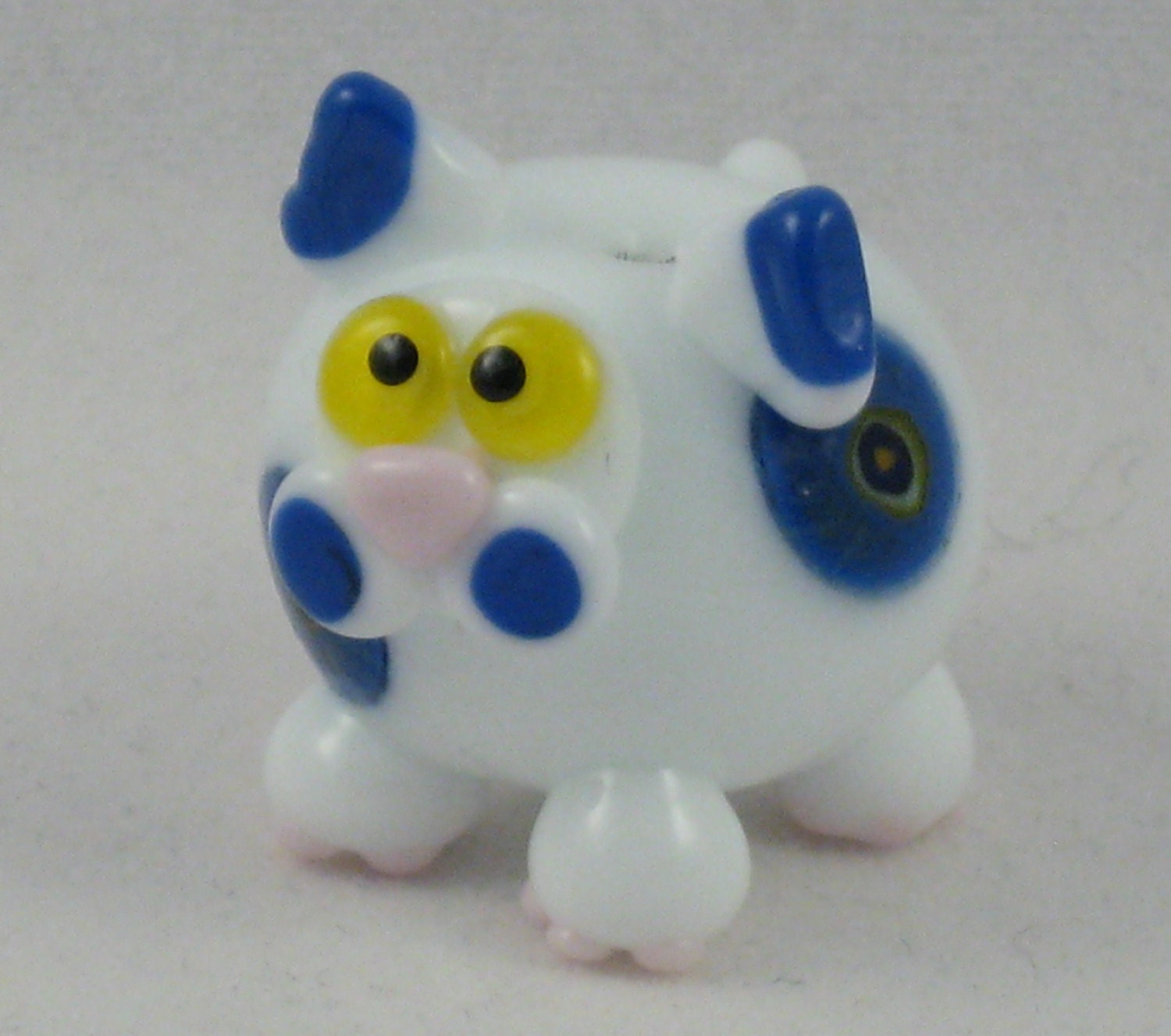 Blue Yellow Murrini White Fat Cat Kitten Lampwork Glass Homemade SRA Bead NLC Beads leteam