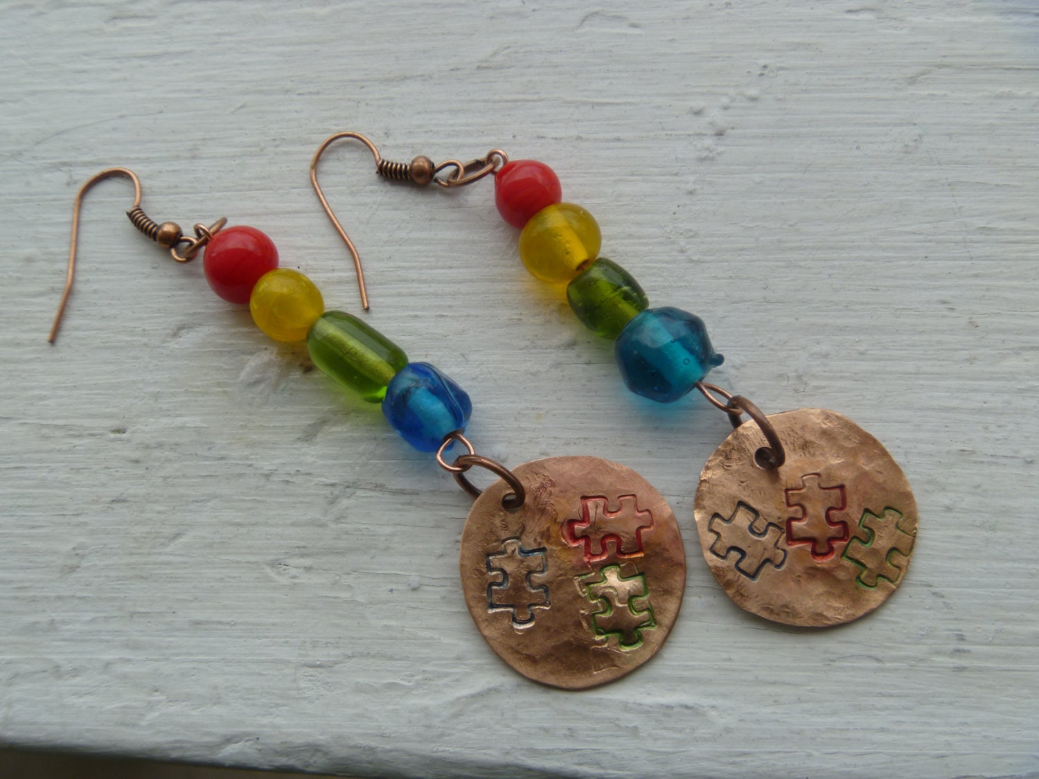 Autism Awareness Beaded Drop Earrings Upcycled