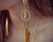 CRYSTAL FEATHERS /// Earthy Quartz Points Feather Hoops  /// Boho Tribal Earrings /// Gold or Silver