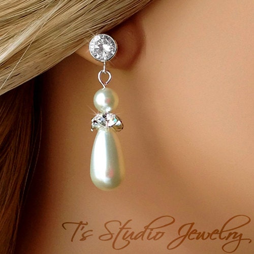 Teardrop Pearl and Cubic Zirconia Bridal Earrings