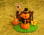 Polymer Clay Pumpkin Man/Mouse Fence Scene - FIgurine