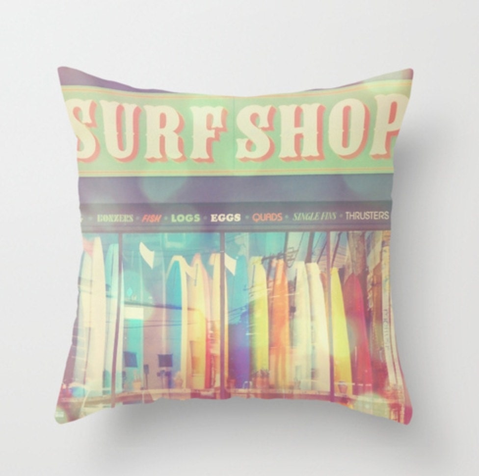 decorative throw pillow cover, beach cottage decor, 18x18 16x16 pillow cover, surfer surf shop, girls room, blue green bedding, California