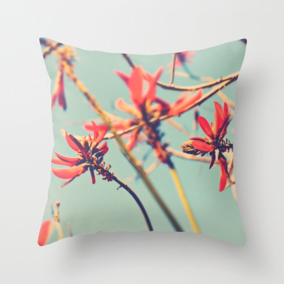 throw pillow cover, babys nursery decor, peppermint blue coral red orange pillow, coral tree photo, spring pastel pillow cover 16x16 18x18