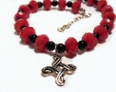 Red and Black crystal beaded Celtic cross charm bracelet