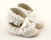 Leather baby shoes with ivory silk trim and pearls