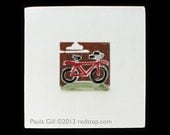 Tile: Red Bicycle on grass with one white cloud, white and terracotta 4" x 4" tile