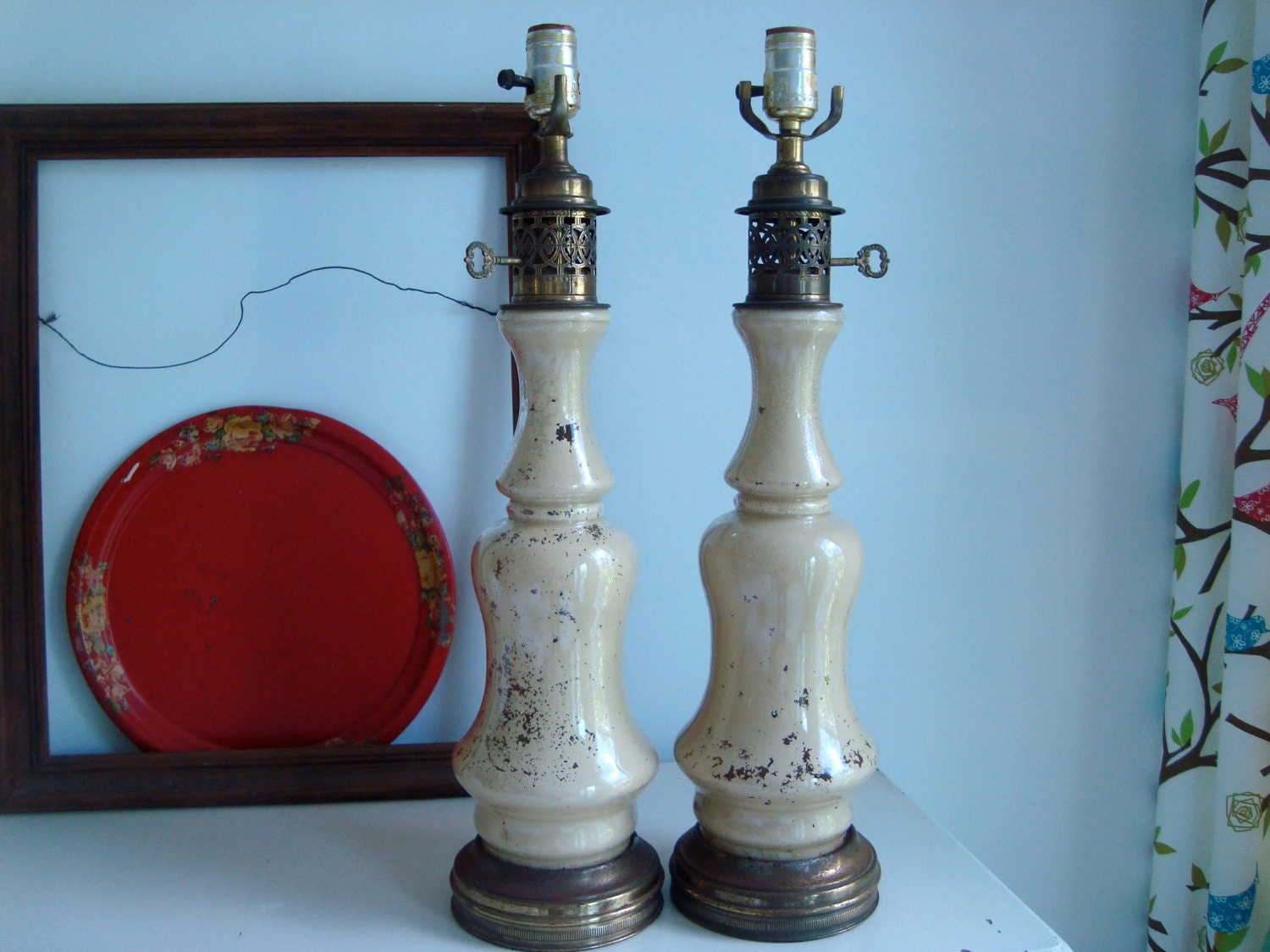 Pair of Vintage Reverse Painted Glass Lamps