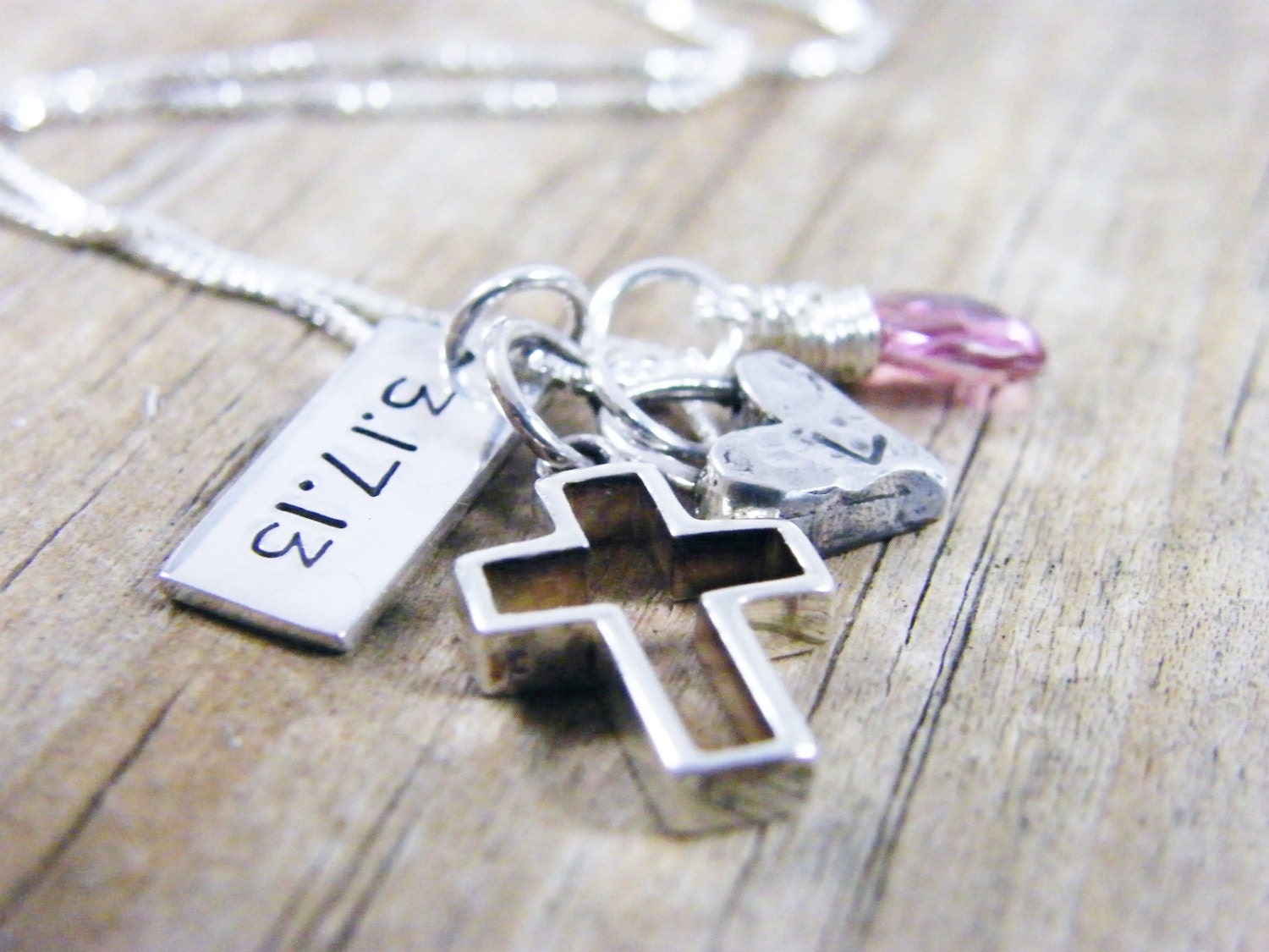 open cross artisan heart, faceted pink topaz, date tag necklace baptism necklace