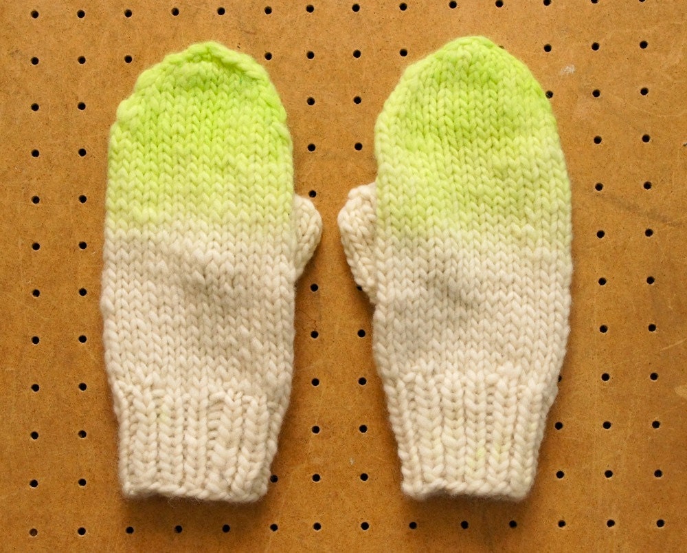 Ombre Dip Dye Mittens - Cream and Neon Green